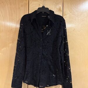 New York & Company Black Lace Button Down Shirt